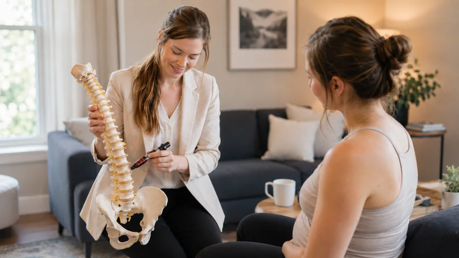 Dr. Sylvia explaining spinal anatomy to a seated patient using a spine model