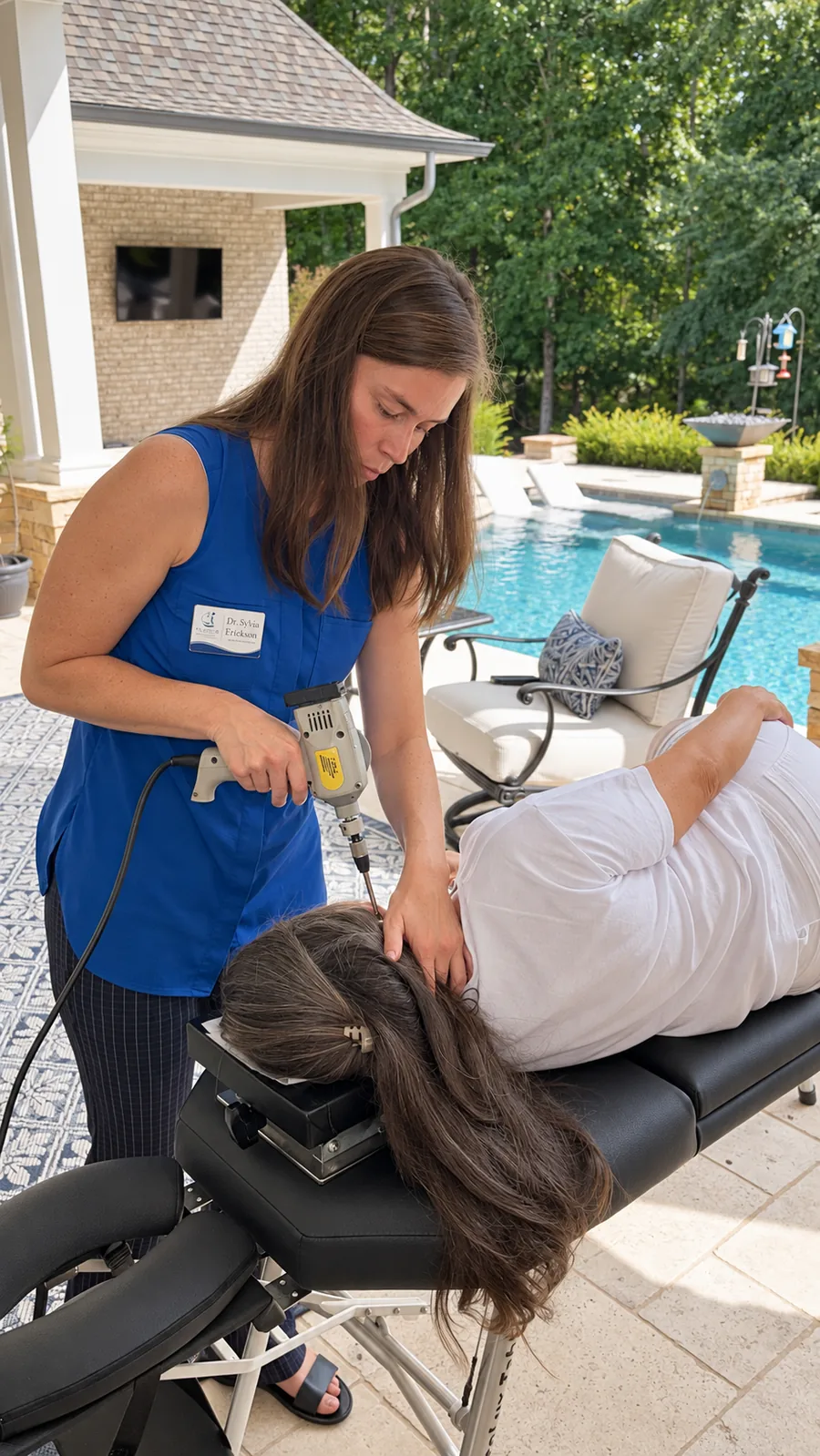 Dr. Sylvia delivering an instrument-assisted adjustment to a patient on a portable table outdoors